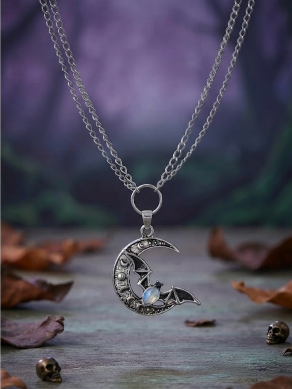 Hand Crafted Silver Moon & Bat Pendant Necklace
